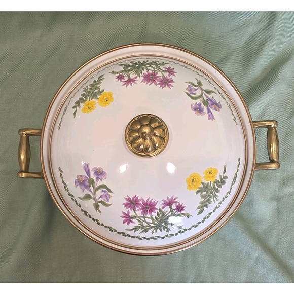 Vtg Lincoware Enamelware Brass Handles Dutch Oven Pot With Lid Flower Pattern - Picture 3 of 10